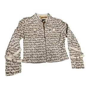 VTG Rocawear Woman's Tan / Brown Sz M Monogram All Over Print Leather Zip Jacket